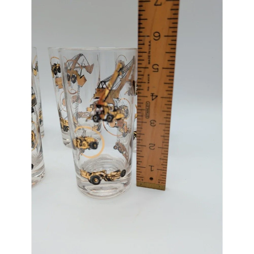 5 Black Gold Highball Tumblers Construction Equipment Crane Bulldozer Grader